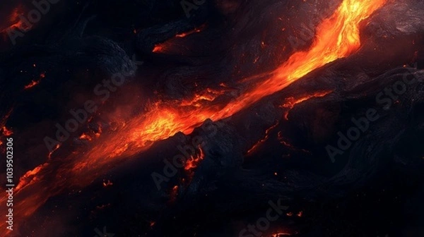 Fototapeta view of hot red magma flowing on dark mountainous surface at night time
