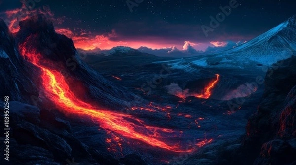 Fototapeta view of hot red magma flowing on dark mountainous surface at night time