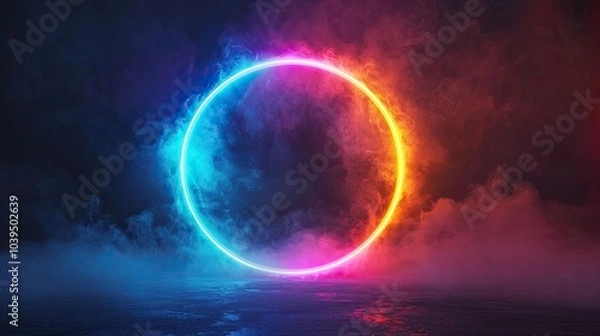 Fototapeta Abstract neon background. Glowing neon circle in dark room with smoke and smog. Empty scene for your design