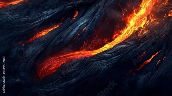 Fototapeta view of hot red magma flowing on dark mountainous surface at night time