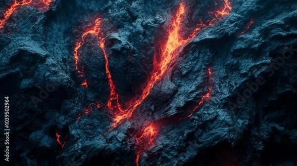 Fototapeta view of hot red magma flowing on dark mountainous surface at night time