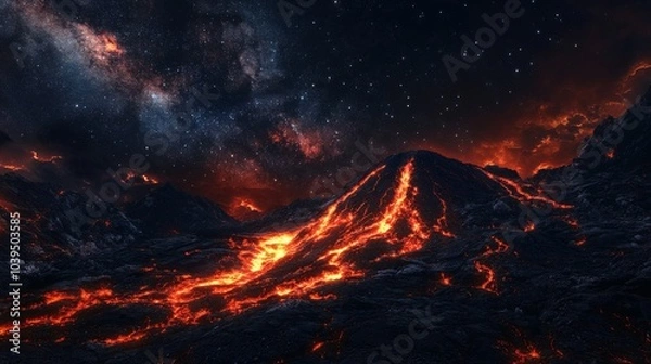 Fototapeta hot red magma flowing on dark mountainous surface at night time with Milky Way