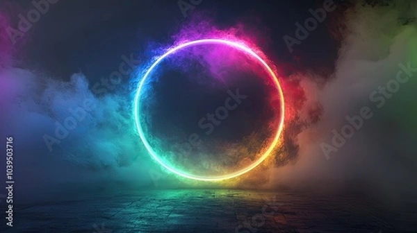 Fototapeta Abstract neon background. Glowing neon circle in dark room with smoke and smog. Empty scene for your design