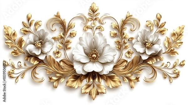 Obraz Elaborate golden Baroque design with opulent flourishes featuring intricate leaf patterns swirling along luxurious frames with vintage floral motifs set on a classic white background
