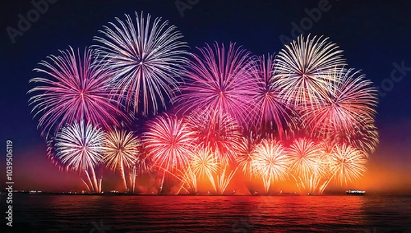 Fototapeta Colorful fireworks festival happy new year black background, abstract energy with motion