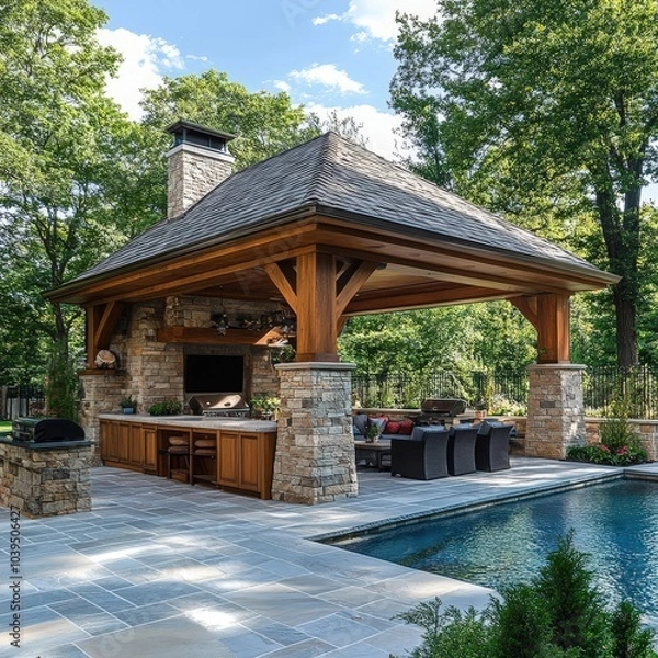 Obraz A beautiful outdoor kitchen pavilion with stone and wood features, perfect for entertaining by the pool in a serene backyard.
