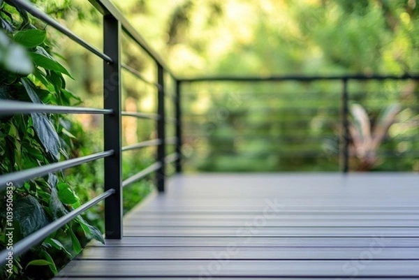 Obraz Composite Wood Deck with Metal Railing. Construction and Design Concept for Exterior Home Improvement