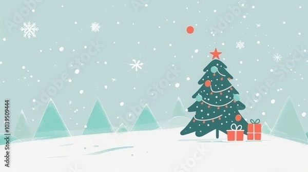 Fototapeta Christmas background with tree and snow illustration.