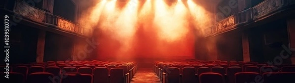 Obraz A dramatic theater stage with bright lights and fog, creating an engaging atmosphere for performances and events.