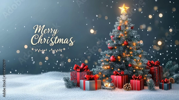 Fototapeta beautifully decorated Christmas tree with glowing lights and red ornaments stands amidst snowy landscape, surrounded by wrapped gifts. festive scene is completed with Merry Christmas message