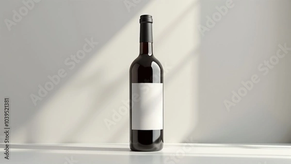Fototapeta Mockup of wine bottle with blank label on table and soft shadows with copy space