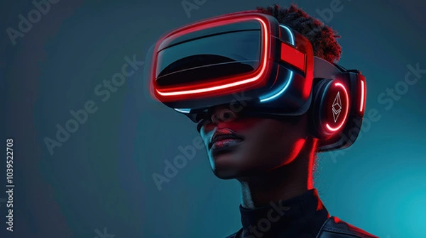 Fototapeta Immersed in technology, woman wears futuristic virtual reality headset with glowing accents, showcasing intersection of innovation and creativity