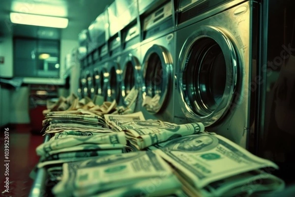 Fototapeta Us dollar bills spilling out of washing machines in laundromat with green tint suggesting money laundering concept