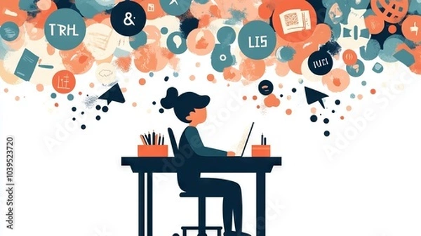 Fototapeta A person sitting at a desk, contemplating 'truth' and 'lies' icons, symbolizing media literacy and critical thinking