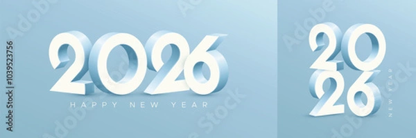 Fototapeta Happy new year 2026 with 3D numbers on soft baby blue background. New year 2026 greeting and celebration template