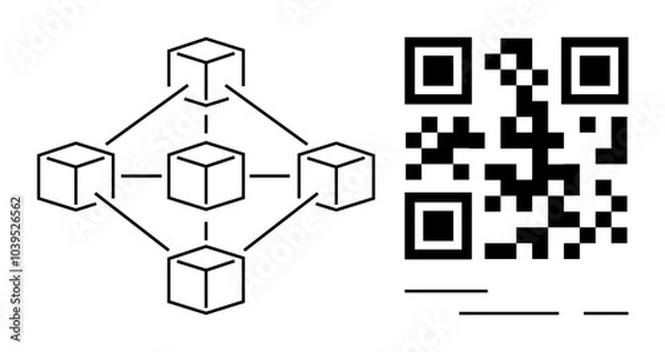 Fototapeta Blockchain network interconnected cubes and a QR code. Ideal for technology, digital transactions, data security, innovation, and modern communication visuals. Simplistic, minimalist, modern style