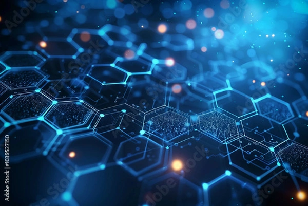 Fototapeta An abstract technology background with a network of glowing blue hexagons and electronic circuitry elements