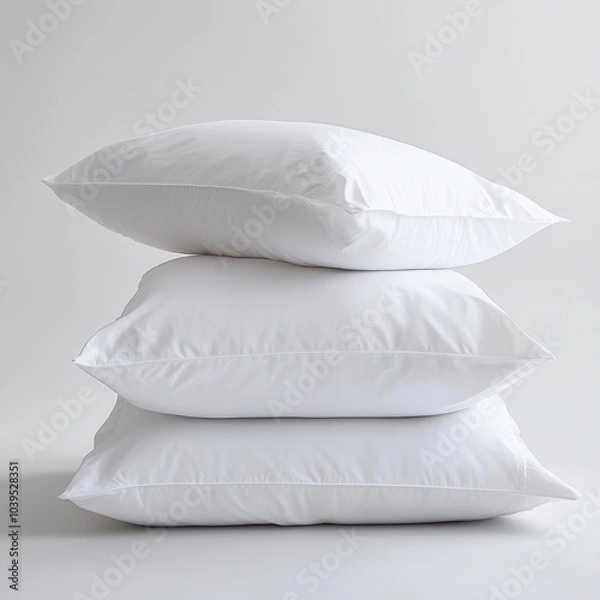 Fototapeta A stack of three fluffy white pillows arranged neatly on a light background.
