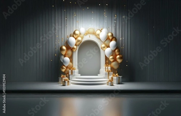 Fototapeta A white archway adorned with gold and white balloons, framed by white pillars and steps.
