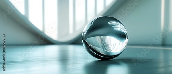 Fototapeta A shiny silver ball sits on a wooden floor. The reflection of the ball in the window creates a sense of depth and dimension