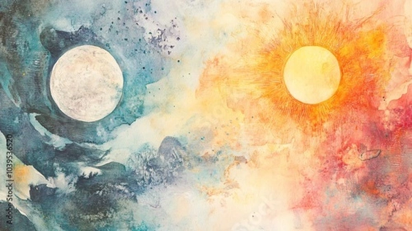 Fototapeta Watercolor painting of a moon and sun with abstract background.