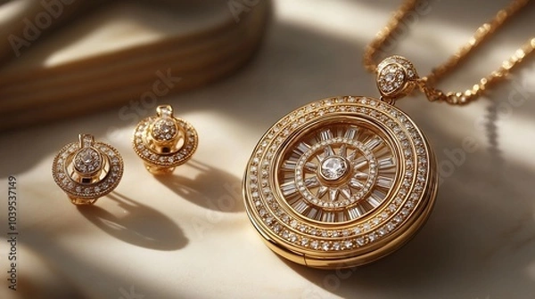 Fototapeta Delicate 3D gold locket adorned sparkling gemstones suspended next to a matching pair of gold earrings set against a minimalistic neutral backdrop for a refined contemporary look