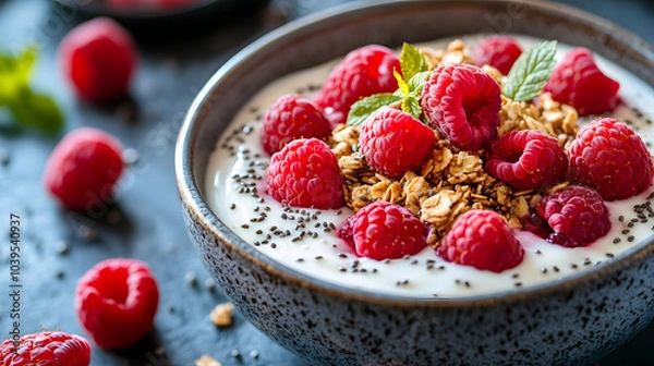 Fototapeta A bowl of creamy Greek yogurt topped with a mix of granola, fresh raspberries, chia seeds, and a drizzle of honey, making for a perfect healthy snack or breakfast