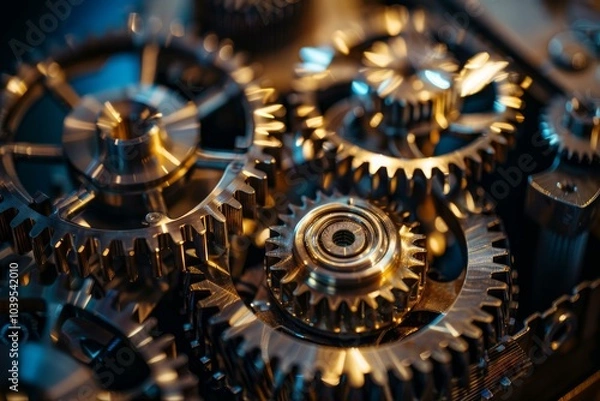 Obraz Close up view of intricate clockwork gears working together in a complex and precise mechanism
