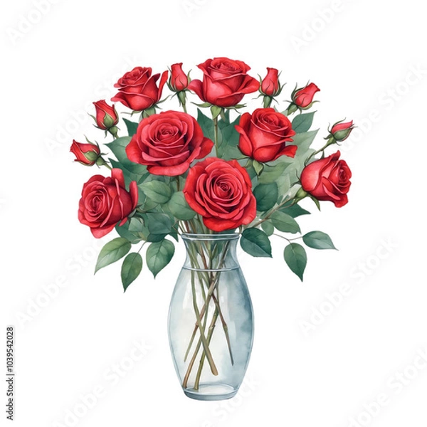 Fototapeta Red rose bouquet with isolated background, Watercolor red roses in glass vase with isolated background, Minimalist watercolor red roses with isolated background.