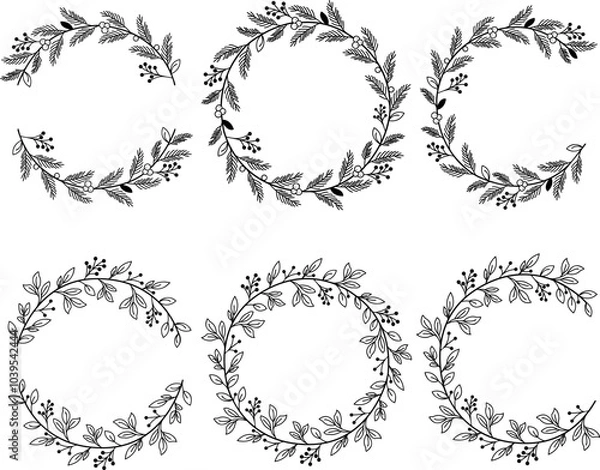 Obraz Monochrome Christmas Wreath Circle And Semi Circle Frames Set. Elegant, Minimalist Design. Black And White Vector Illustration For Holiday Decor, Invitations, Greeting Cards, And Festive Border.