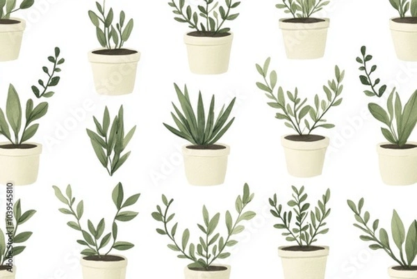 Fototapeta Seamless pattern of potted houseplants arranged in neat rows featuring a variety of indoor plants ideal for home decor wallpaper or eco conscious interior styling projects