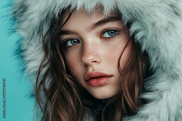 Obraz Aqua Vogue: Teen Fashionista in Faux Fur and Minimalist Vibes, generative ai