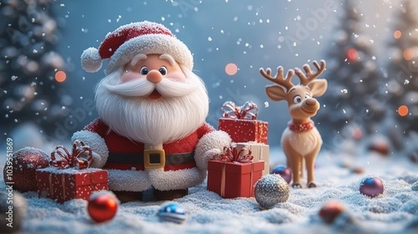Fototapeta Christmas background of Cute Santa Claus and reindeer where snow is falling with snowflake. with copy space