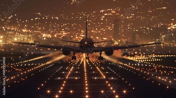 Obraz Airplane Landing in City Lights