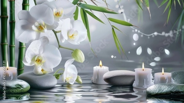 Fototapeta Zen Garden Still Life with White Orchids and Candles