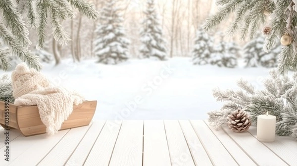 Obraz Winter scene with cozy accessories and snowy trees