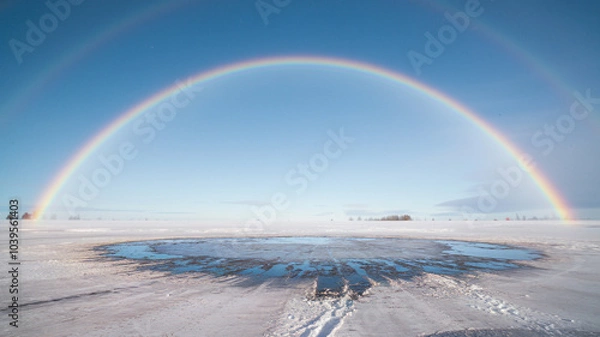 Fototapeta Rainbow Arcing Over Snowy Landscape With Melting Ice