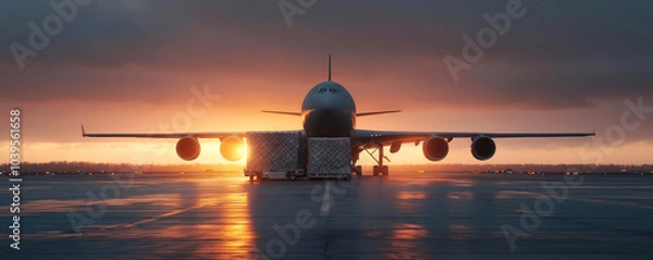 Fototapeta Cargo plane loading at sunset on a rainy airport tarmac