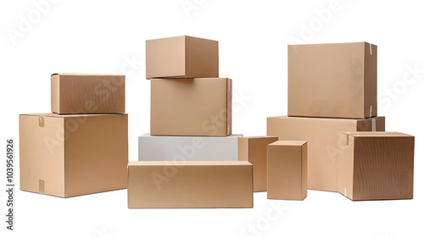 Fototapeta Various cardboard boxes for shipping, isolated, white background, mockup, 