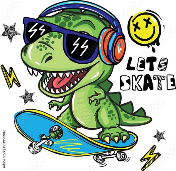 Fototapeta  dinosaur on skateboard. Typography print for kids  . Original design with t-rex, dinosaur. print for T-shirts, textiles, wrapping paper, web. 