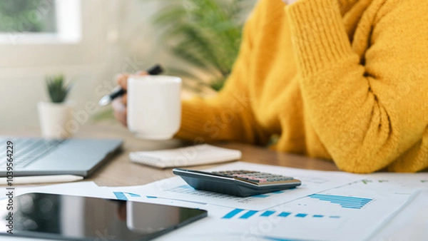 Obraz Businesswoman Accounting, Calculating income-expenses and analyzing investment data reports. Annual tax reduction planning concept, financial and tax systems.