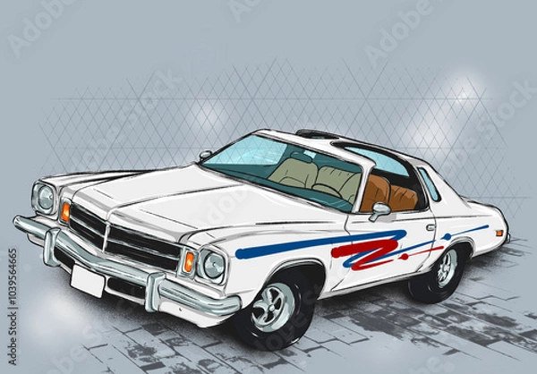 Fototapeta Classic vintage fast car made in cartoon style white on abstract background
