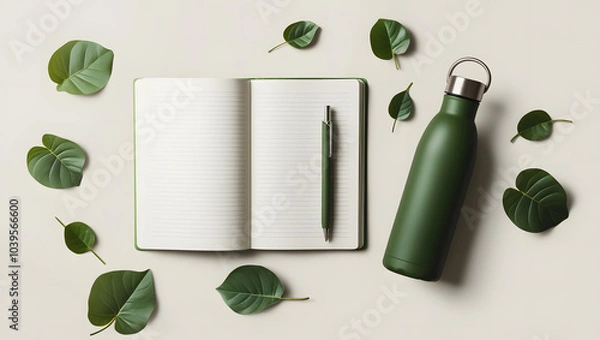Fototapeta Minimalist Green Workspace with Open Notebook, Pen, Eco-Friendly Water Bottle, and green Leaves
