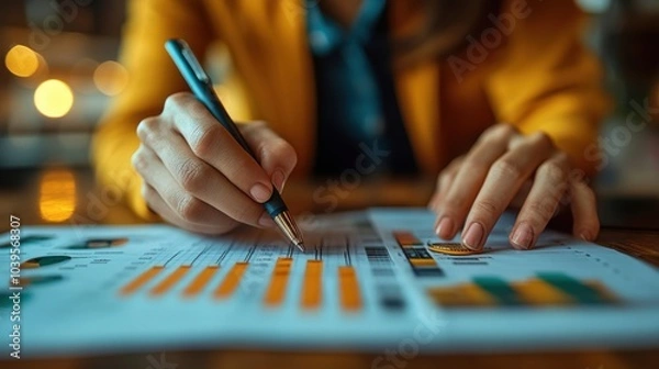 Fototapeta A person analyzing data on graphs and charts with a pen.