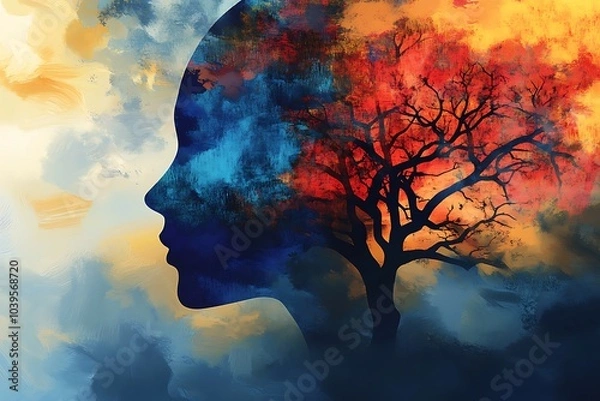 Fototapeta A surreal silhouette of a woman with a vibrant tree inside, surrounded by fiery hues, symbolizing creativity, transformation, and the fusion of emotions and nature.