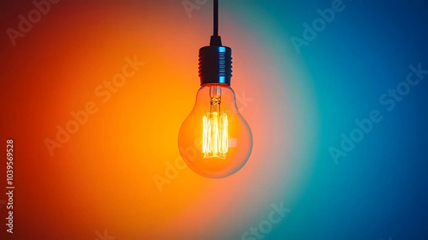 Fototapeta A glowing light bulb hangs against a vibrant orange and blue background, creating an inviting atmosphere.