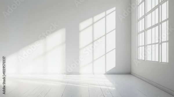 Fototapeta Bright sunlight streams through large windows, casting geometric shadows on white walls and floor of minimalist room. serene atmosphere is enhanced by simplicity of space