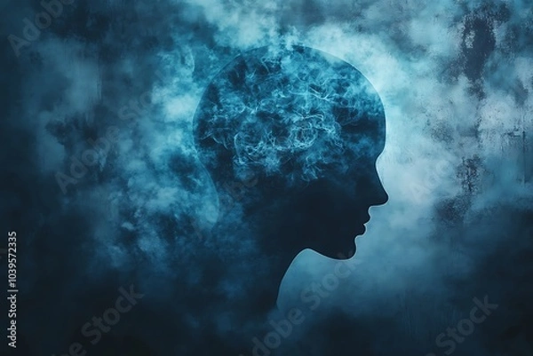 Fototapeta A silhouette with swirling blue clouds, symbolizing introspection, mystery, and the depth of thoughts in a surreal, dreamlike atmosphere.