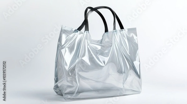 Fototapeta Stretched plastic bag with handles looped, showing its transparent material, isolated on white background