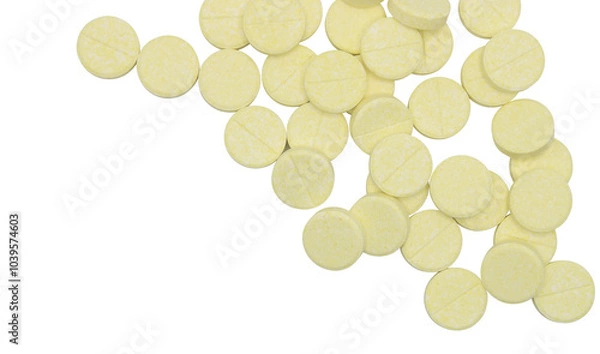 Fototapeta Top view. Yellow vitamin C tablets on isolated background.